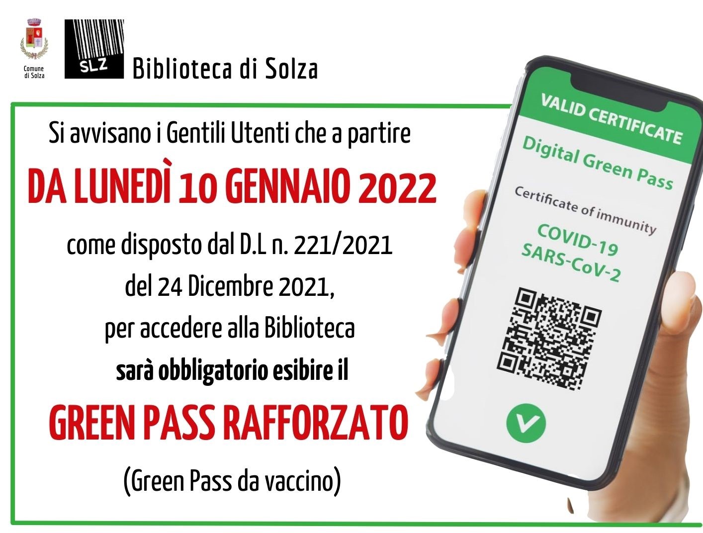 Obbligo di Green Pass rafforzato per accedere alla Biblioteca