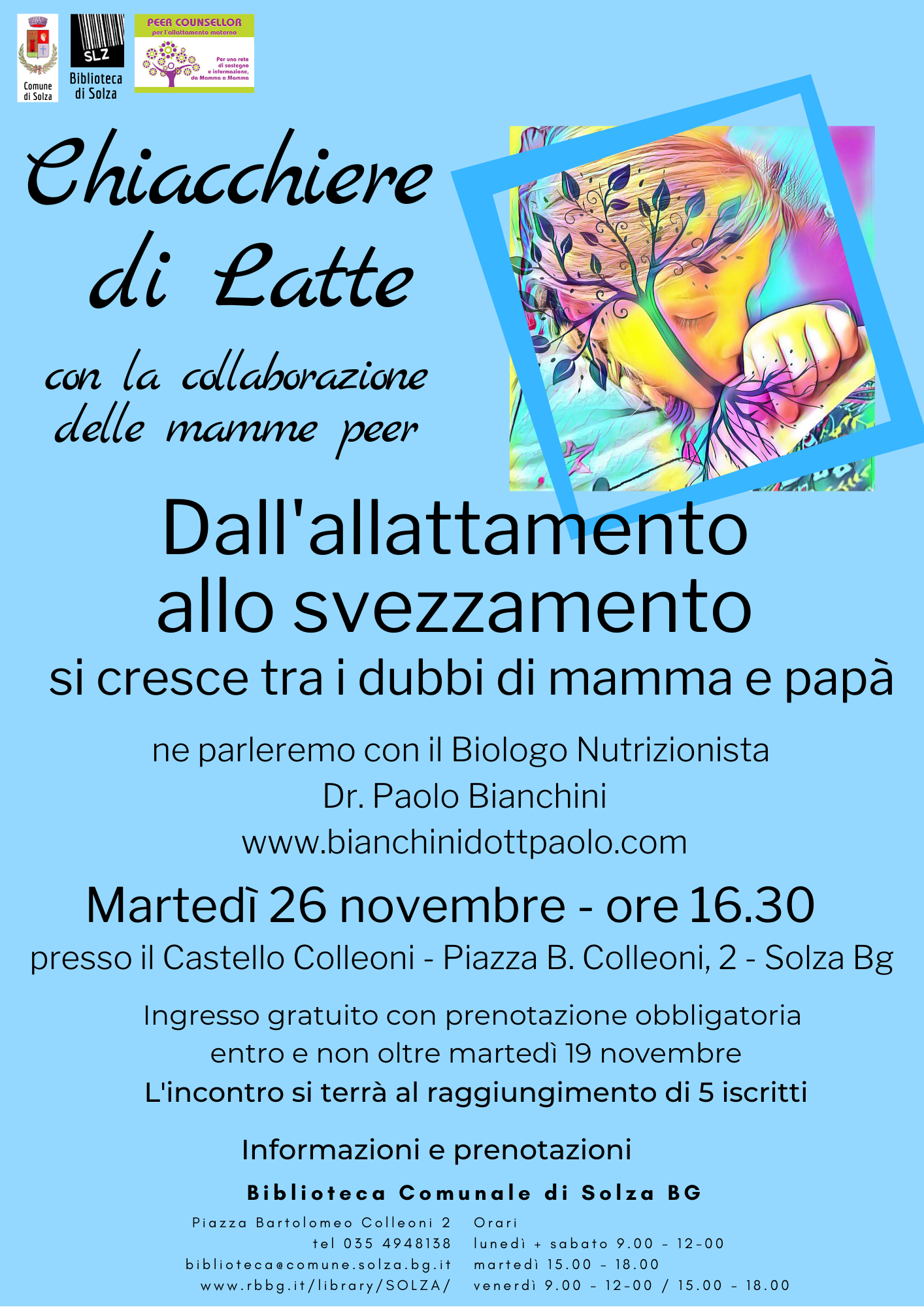 CHIACCHIERE DI LATTE  - Dall'allattamento allo svezzamento - martedì 26 novembre ore 16.30 in biblioteca - ingresso gratuito prenotazione obbligatoria entro il 19/11