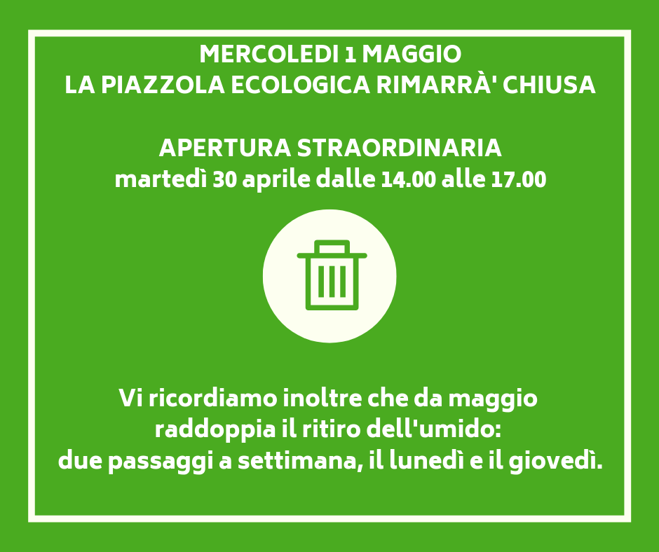 1 maggio: chiusura ecocentro